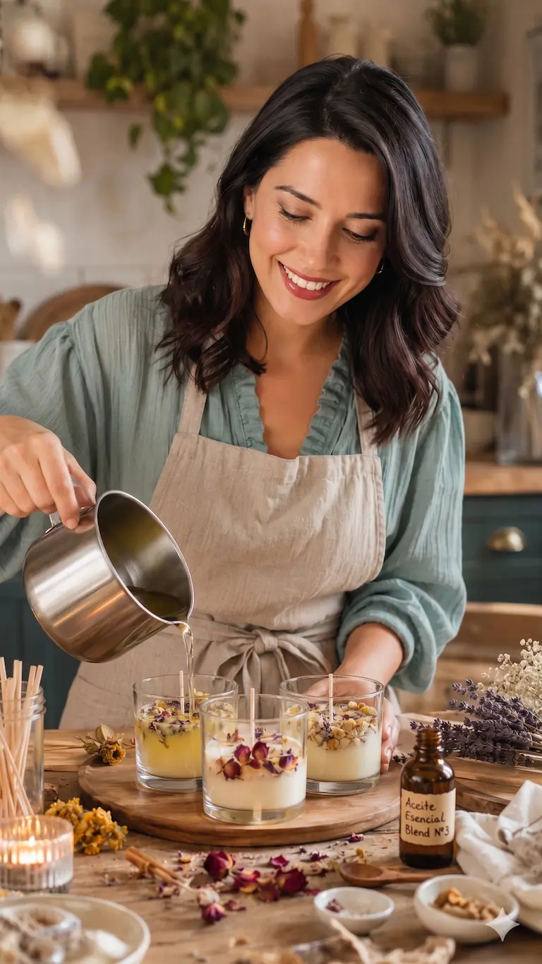Mujer creando velas en casa